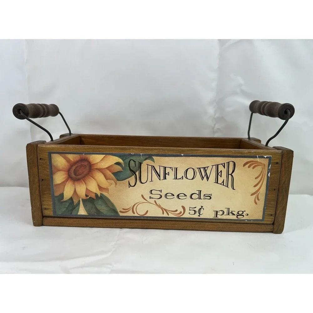 Vtg Decorative Country Farmhouse Wooden Fruit Storage Rectangle Basket W/Handles